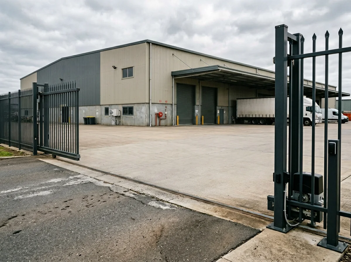 Sliding commercial gate at a warehouse facility