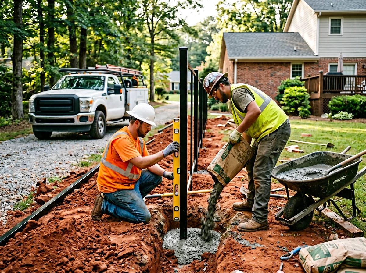 Bastion Iron crew setting posts for a residential iron fence