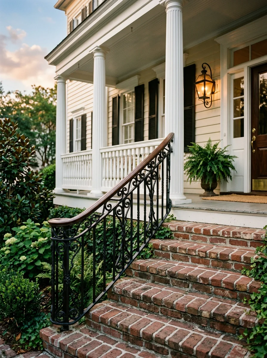 Iron railing and handrail installed along front porch steps